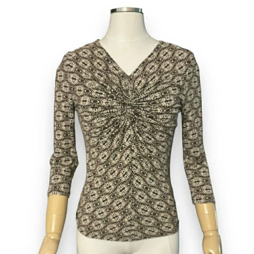 MICHAEL KORS Ruched Neck 3/4 Sleeve Top Abstract Print